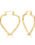 14k Yellow Gold Heart Hoop Earrings, Medium Hoops with Engravings, Spiral Diamond-Cut Design