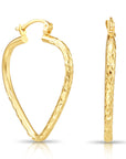 14k Yellow Gold Heart Hoop Earrings, Medium Hoops with Engravings, Spiral Diamond-Cut Design