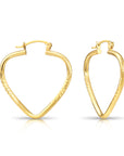 14k Yellow Gold Heart Hoop Earrings, Medium Hoops with Floral Diamond-Cuts