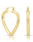 14k Yellow Gold Heart Hoop Earrings, Medium Hoops with Hand Engraved Diamond-Cuts