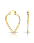 14k Yellow Gold Heart Hoop Earrings, Medium Hoops with Hand Engraved Diamond-Cuts