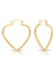 14k Yellow Gold Heart Hoop Earrings, Medium Hoops with Hand Engraved Diamond-Cuts
