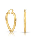 14k Yellow Gold Heart Hoop Earrings, Medium Hoops with Hand Engraved Floral Diamond-Cuts