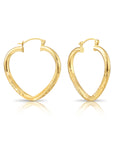 14k Yellow Gold Heart Hoop Earrings, Medium Hoops with Hand Engraved Floral Diamond-Cuts