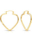 14k Yellow Gold Heart Hoop Earrings, Medium Hoops with Hand Engraved Floral Diamond-Cuts