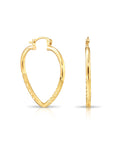14k Yellow Gold Heart Hoop Earrings, Medium Hoops with Hand Engraved Floral Diamond-Cuts