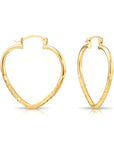 14k Yellow Gold Heart Hoop Earrings, Medium Hoops with Hand Engraved Floral Diamond-Cuts