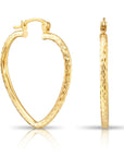 14k Yellow Gold Heart Hoop Earrings, Medium Hoops with Hand Engraved Diamond-Cuts