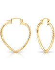 14k Yellow Gold Heart Hoop Earrings, Medium Hoops with Hand Engraved Diamond-Cuts