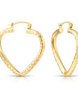14k Yellow Gold Heart Hoop Earrings, Medium Hoops with Hand Engraved Diamond-Cuts