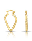 14k Yellow Gold Heart Hoop Earrings, Small Hoops with Hand Engraved Diamond-Cuts