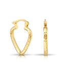 14k Yellow Gold Heart Hoop Earrings, Small Hoops with Hand Engraved Diamond-Cuts