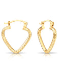 14k Yellow Gold Heart Hoop Earrings, Small Hoops with Hand Engraved Diamond-Cuts