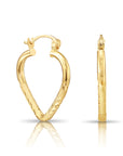 14k Yellow Gold Heart Hoop Earrings, Small Hoops with Hand Engraved Floral Diamond-Cuts