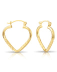 14k Yellow Gold Heart Hoop Earrings, Small Hoops with Hand Engraved Floral Diamond-Cuts