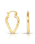 14k Yellow Gold Heart Hoop Earrings, Small Hoops with Hand Engraved Floral Diamond-Cuts