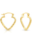 14k Yellow Gold Heart Hoop Earrings, Small Hoops with Diamond-Cut Engravings, Design
