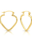 14k Yellow Gold Heart Hoop Earrings, Small Hoops with Engravings, Diamond-Cut Design
