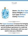 14k Yellow Gold Topaz Necklace, Brilliant Sky Blue 6 Carat Oval Shaped Topaz Gemstone Pendant