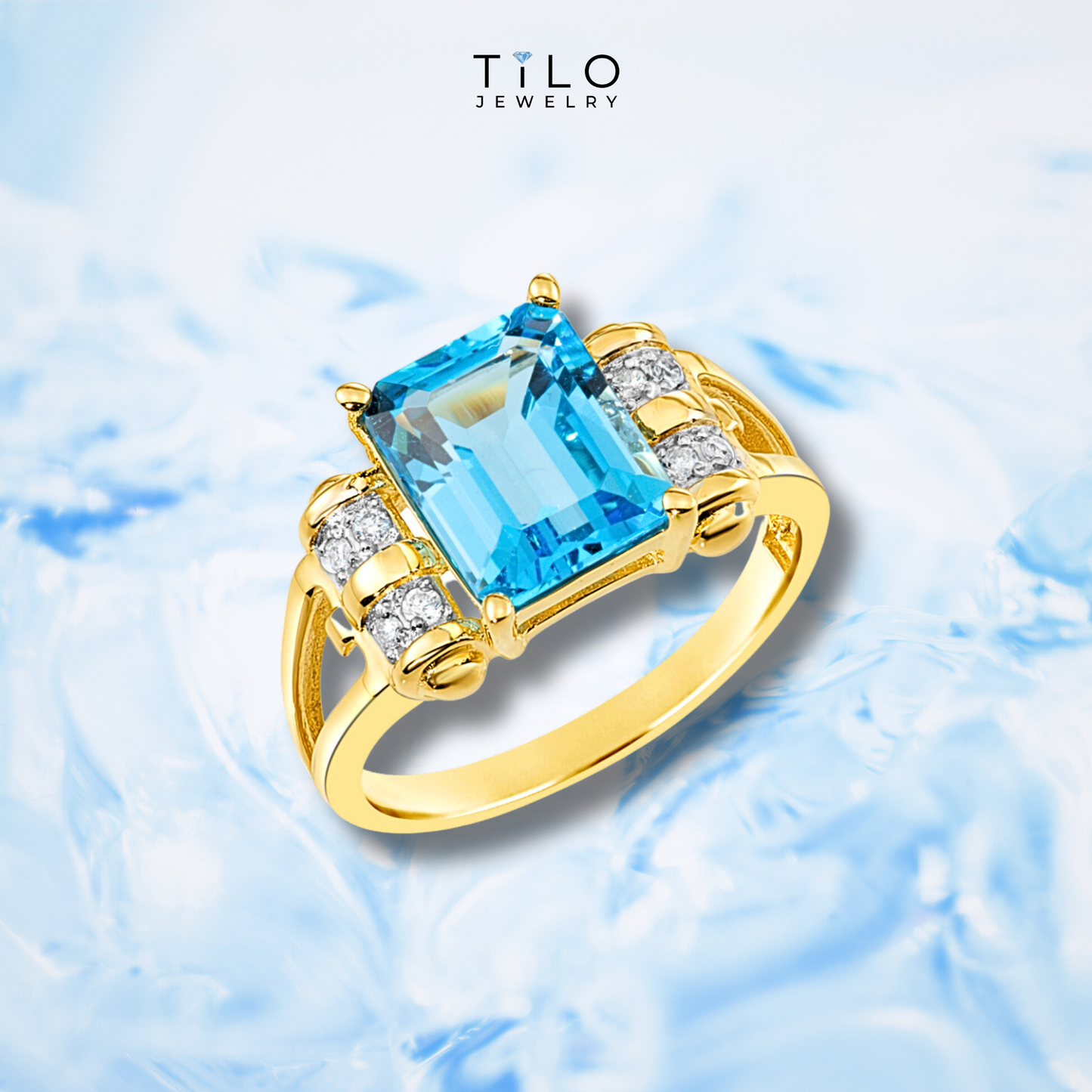 Natural Swiss Blue Topaz Gemstone Ring, 14k Gold Ring with Natural Diamonds