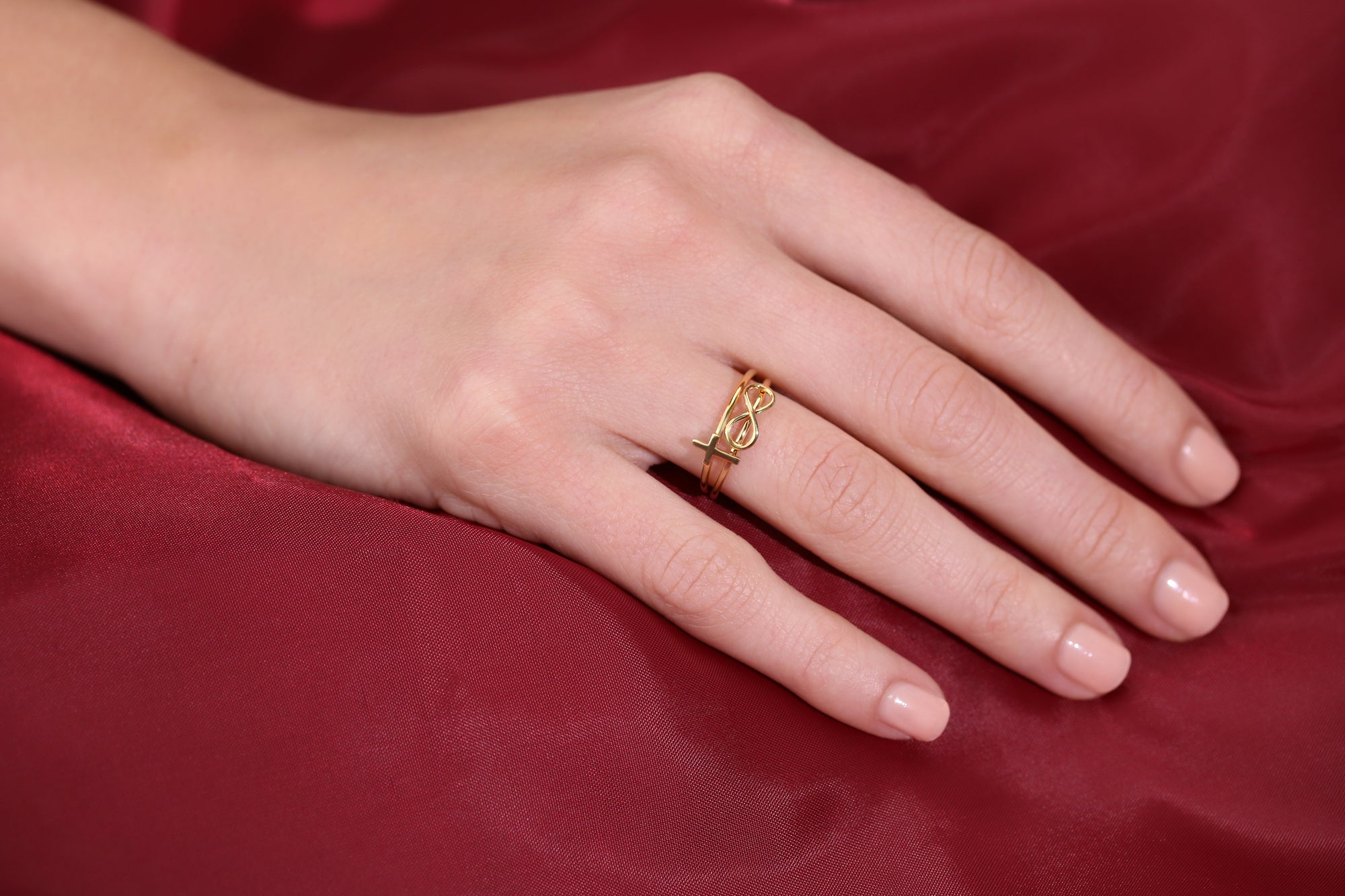 Solid 14k Gold Infinity Cross Ring, Stackable Religious Ring 2 Piece Set