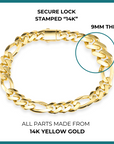 14K Yellow Gold Figaro Link Chain Bracelet, Sizes 7.25in-8.25in