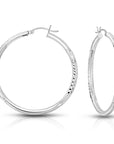 Sterling Silver Round Hoop Earrings, Floral Diamond-Cut Design