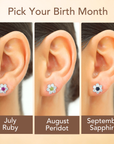 Flower Birthstone Stud Earrings, In 925 Sterling Silver Simulated Birthstone & CZ Studs for Girls, 12 Colors Available