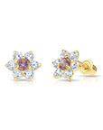 14K Yellow Gold Large Flower Halo CZ Birthstone Stud Earrings, Available in 12 Colors