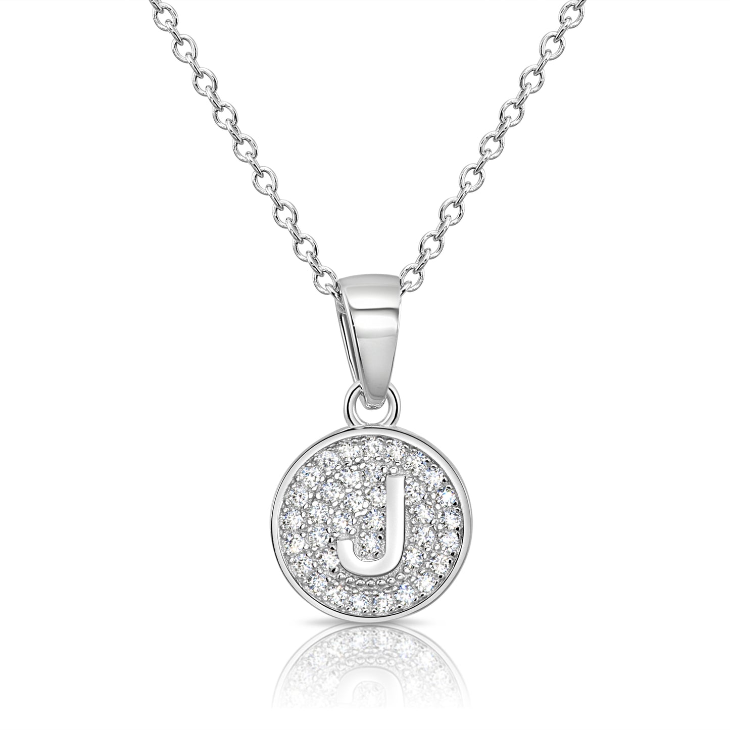925 Sterling Silver CZ Initial Round Pendant Necklace (Letters A-Z) 16" 18"