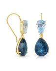14K Yellow Gold Pear-Cut London & Sky Blue Topaz Teardrop Wire Earrings, 26ctw, Natural Gemstone Earrings