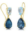 14K Yellow Gold Pear-Cut London & Sky Blue Topaz Teardrop Wire Earrings, 26ctw, Natural Gemstone Earrings