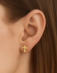 10k Yellow Gold Cross & Heart Stud Earrings with Center Stone