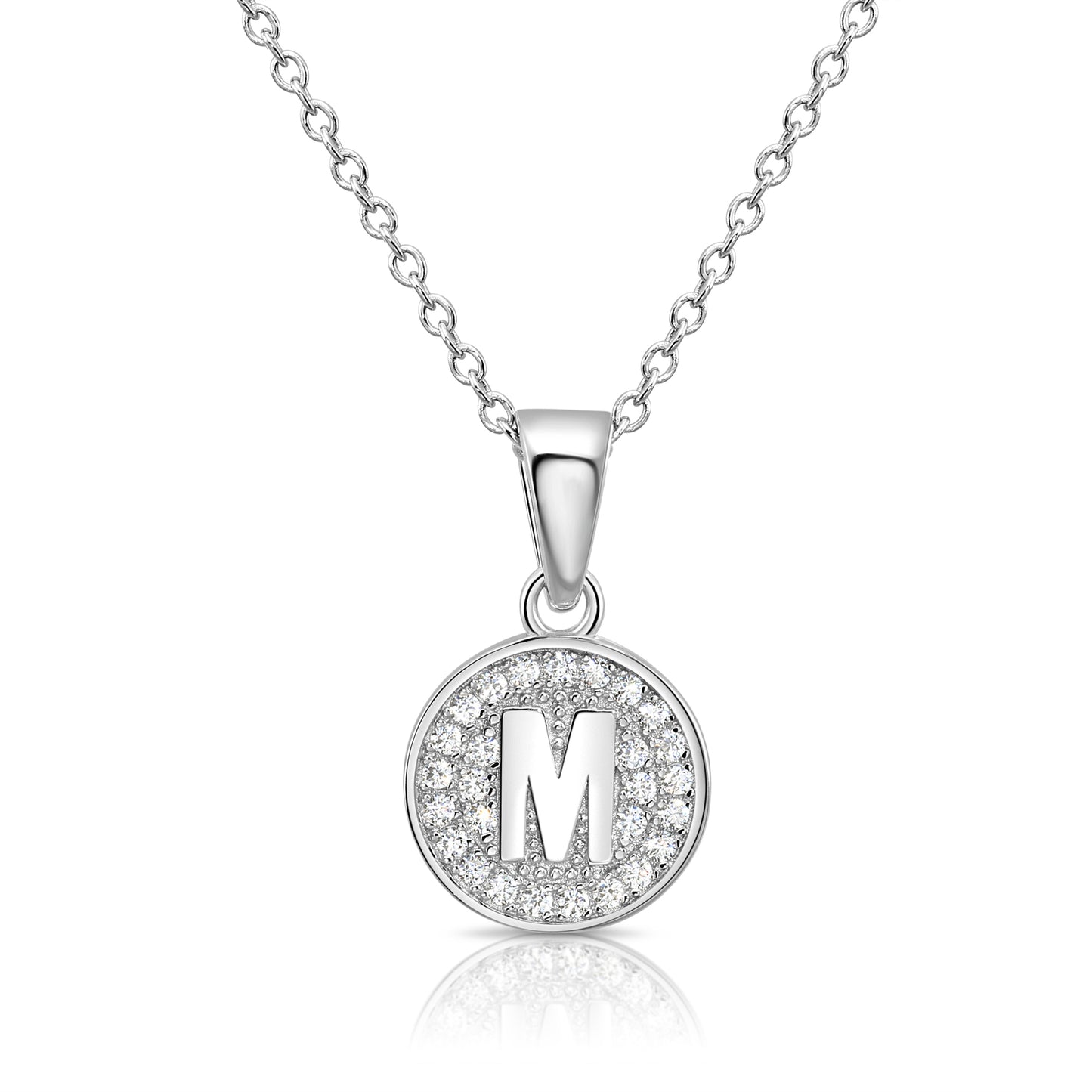 925 Sterling Silver CZ Initial Round Pendant Necklace (Letters A-Z) 16" 18"