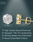 14K Yellow Gold Diamond Cluster Stud Earring with Screw-Back, 0.25ctw, 0.50ctw, 0.75ctw, and 1 Carat Sizes