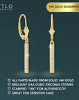 14K Gold Simulated Diamond Bar Dangle Drop Earrings, French Lever back Design