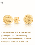 14k Gold Ball Stud Earrings with Hand Engraved Spiral Design