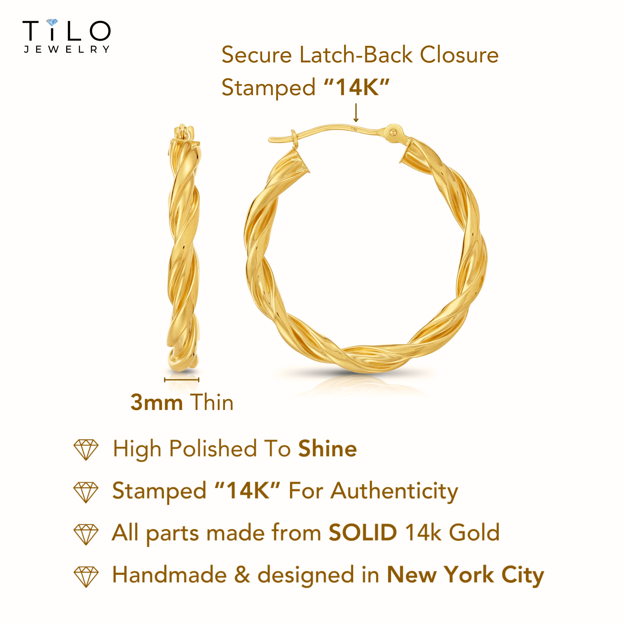 14k Yellow Gold Twisted Hoop Earrings