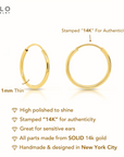 14k Yellow Gold Endless Hoop Earrings, 1mm