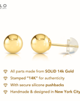 14K Yellow Gold Ball Stud Earrings, Silicone Covered Gold Push Backings (Unisex)