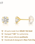 14K Gold Cubic Zirconia Stud Earrings, Silicone Push-back