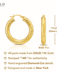 14k Yellow Gold Tornado Diamond Cut Hoop Earrings, 4mm Thin