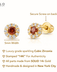 14k Yellow Gold Birthstone Halo Stud Earrings, With Secure Screw-On Backs, Available in 12 Colors
