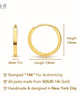 14K Yellow Gold Classy Huggies, Dainty 13mm Gold Earrings