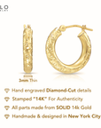 14K Yellow Gold Tornado Hoop Earrings, Diamond-Cut & Hand Engraved Design, 3mm Thin