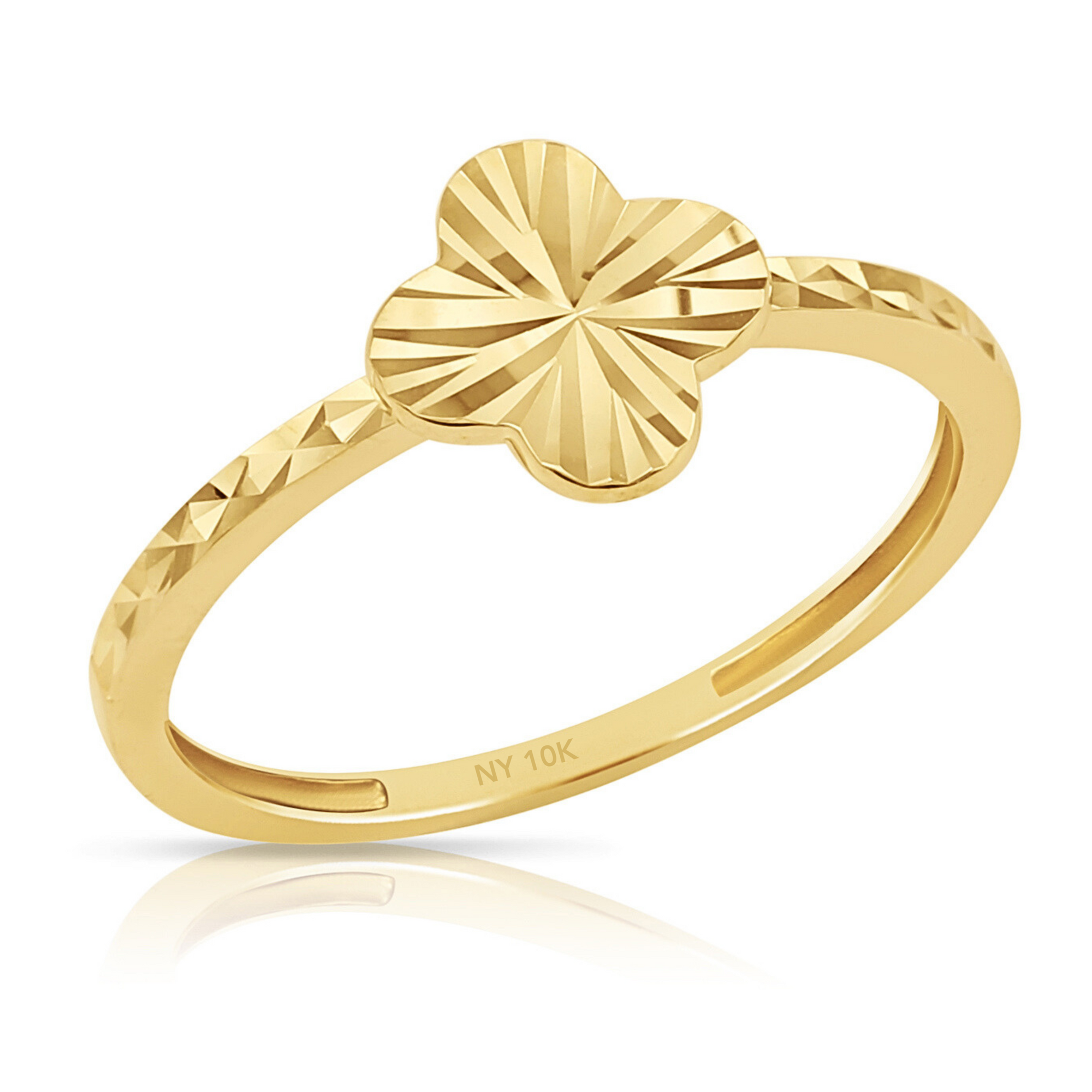10K Solid Yellow Gold Four Leaf Clover Ring, With Hand Engraved Diamond-Cuts