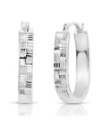 14K White Gold U-Shape Hoop Earrings, "Checkered" Engraved Pattern