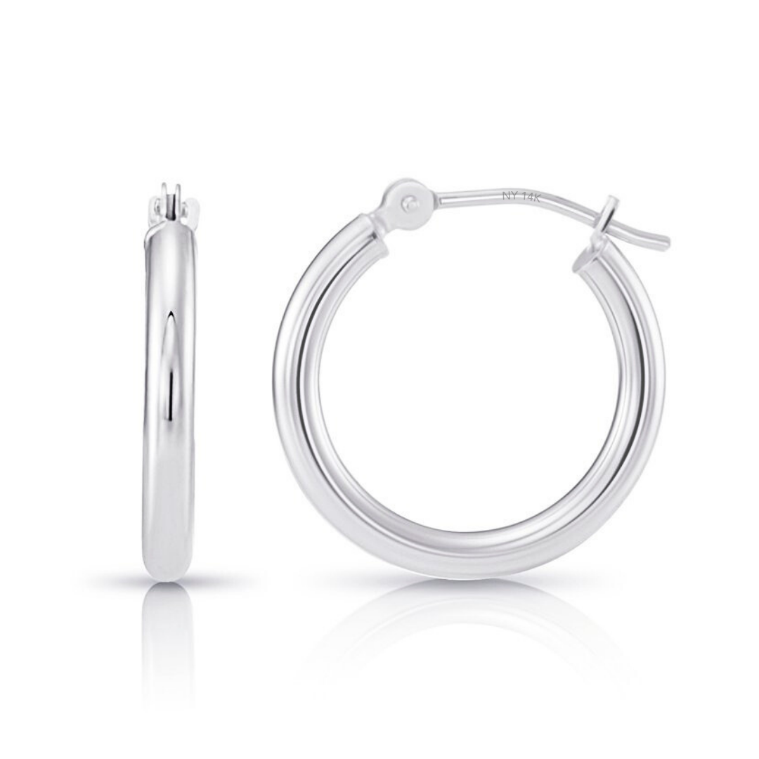 14k White Gold Classic Hoop Earrings, 2mm