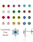 Flower Birthstone Stud Earrings, In 925 Sterling Silver Simulated Birthstone & CZ Studs for Girls, 12 Colors Available