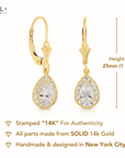 14K Gold Teardrop Earrings, Halo Drop Dangle Earrings With Secure Lever-backs